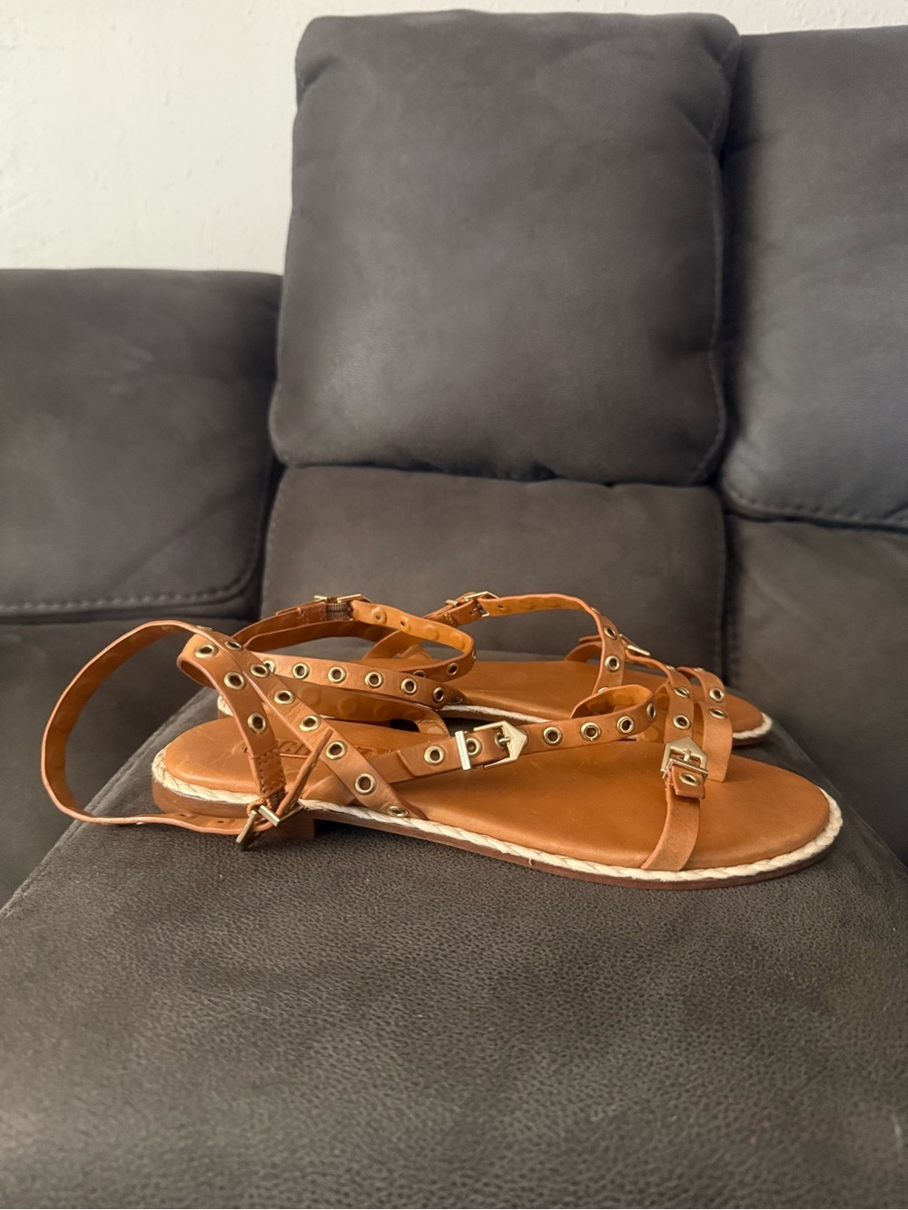 Schutz Studded Ankle-Strap Leather Sandals - Tan size7 - Picture 4 of 7